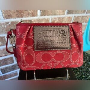 Coach Red Signature Poppy Wristlet with Leather Patch
